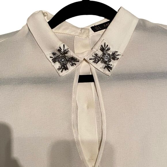EUC Gorgeous Zara Sheer Blouse with Bejewelled Collar - Picture 1 of 8